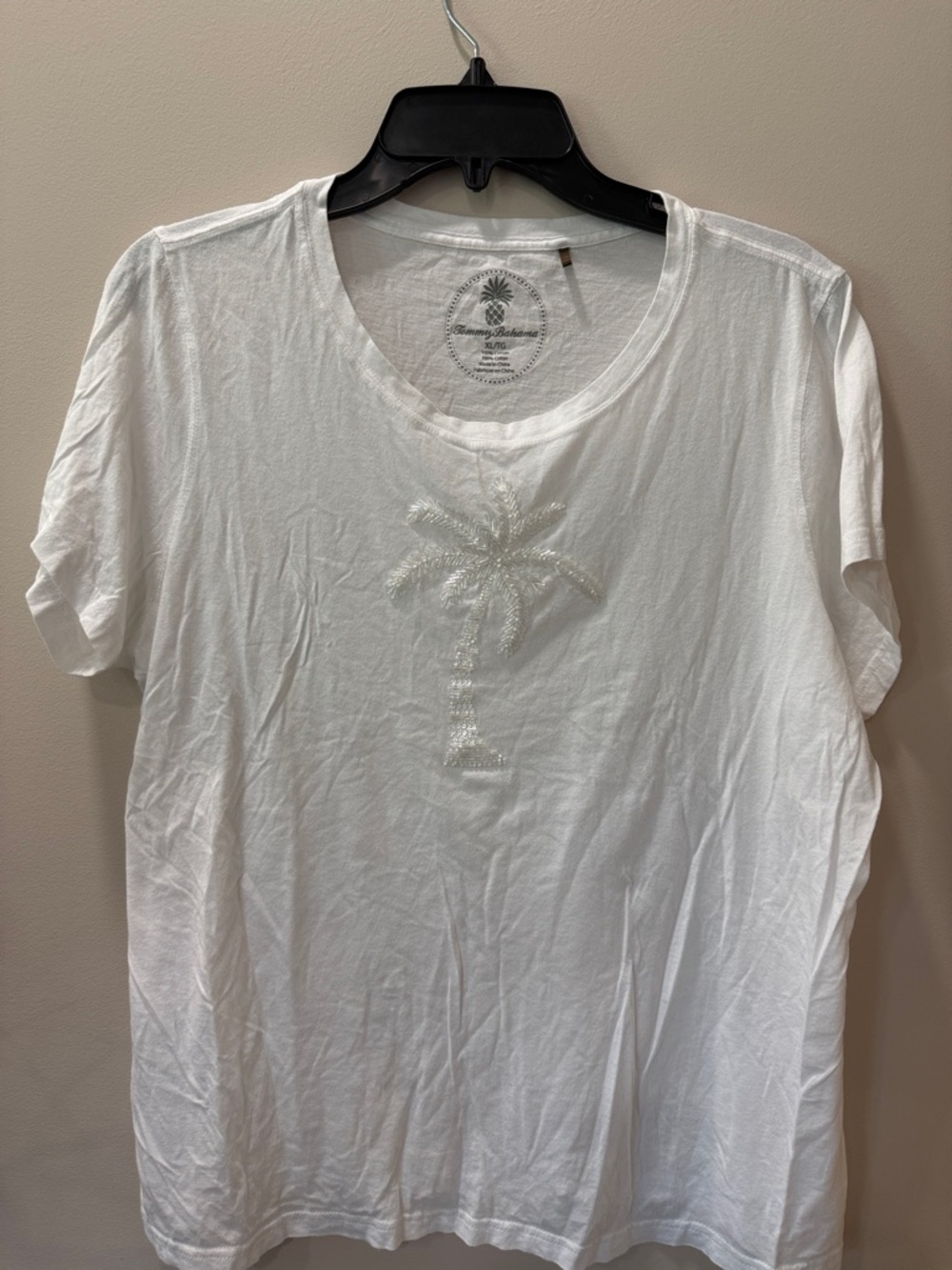 Tommy Bahama White Palm Tree Bead Embellished Short Sleeve Top 100% Cotton XL